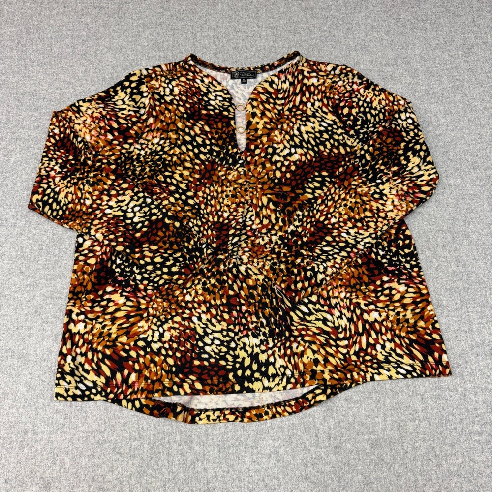 D2 Diane Gilman Blouse XL Multi Color Abstract Animal Print Gold Hardware V-Neck